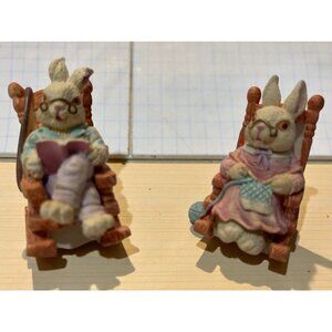 Vintage Rabbit Figurines Knitting & Reading In Rocking Chairs Ma and Pa Easter B